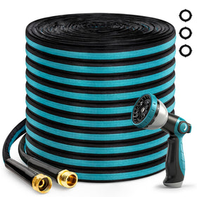 Svansea 100ft flat garden hose shows kink-free performance for easy yard watering