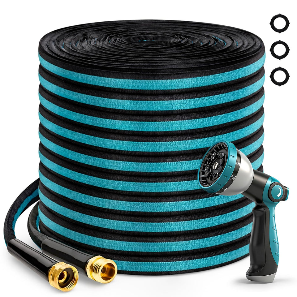 Svansea 100ft flat garden hose shows kink-free performance for easy yard watering