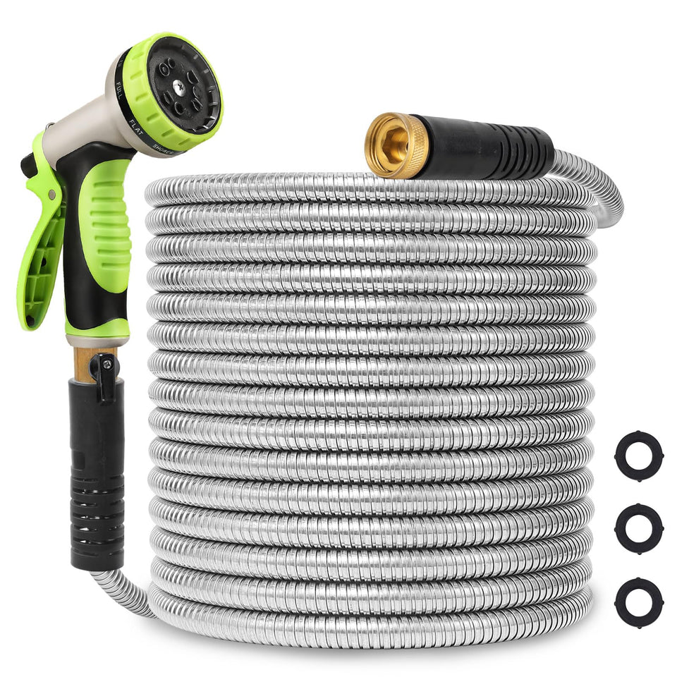 Svansea metal hose 100ft extended for full garden reach and versatile watering.
