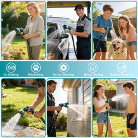 Svansea multi-use hose in action suitable for gardens, cars, cleaning, and outdoor trips