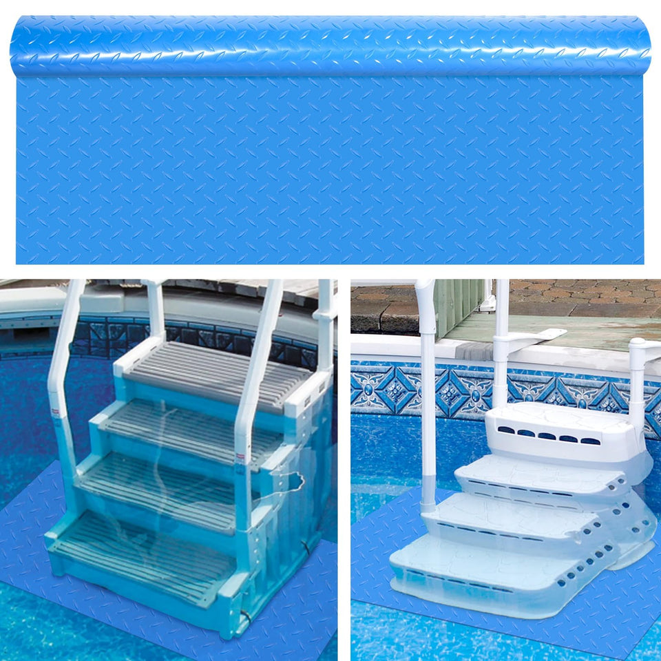 Svepndic ladder mat under pool ladder showing blue non-slip surface for safer footing.