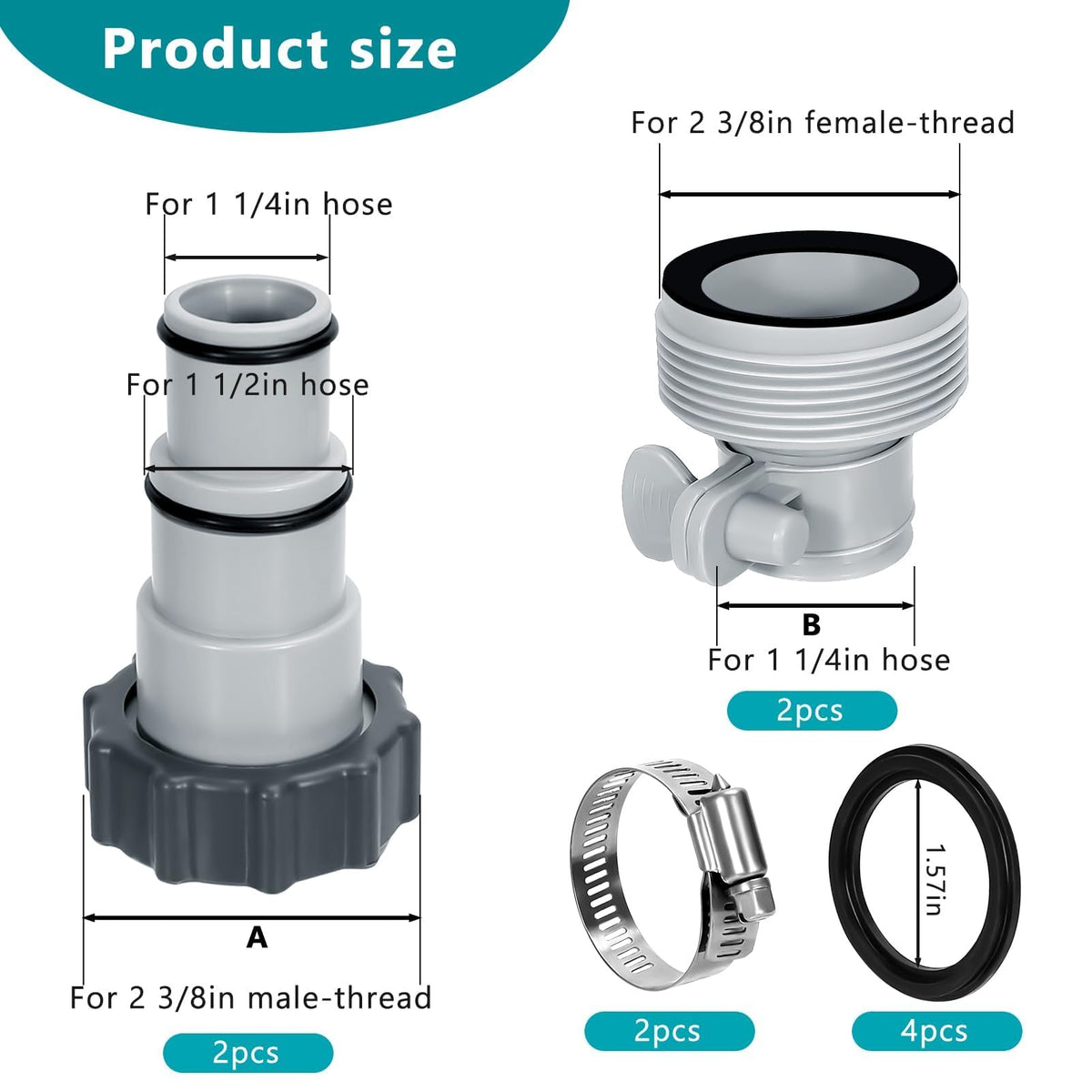 Svepndic Type B pool hose adapter fits 1.25 inch hoses on threaded pumps