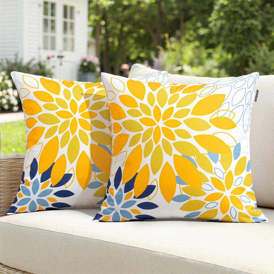 SWANCOCO floral outdoor pillow cover in yellow and blue, weather-resistant for patio cushions.