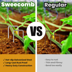 Sweecomb landscape fabric anchors stabilize weed barriers and irrigation lines.