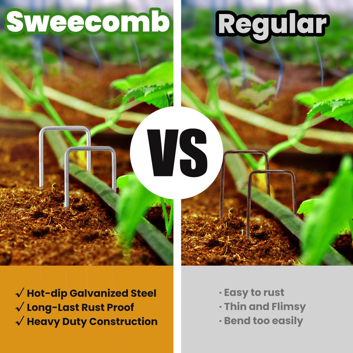 Sweecomb stake anchoring weed barrier fabric for neat, stabilized beds.