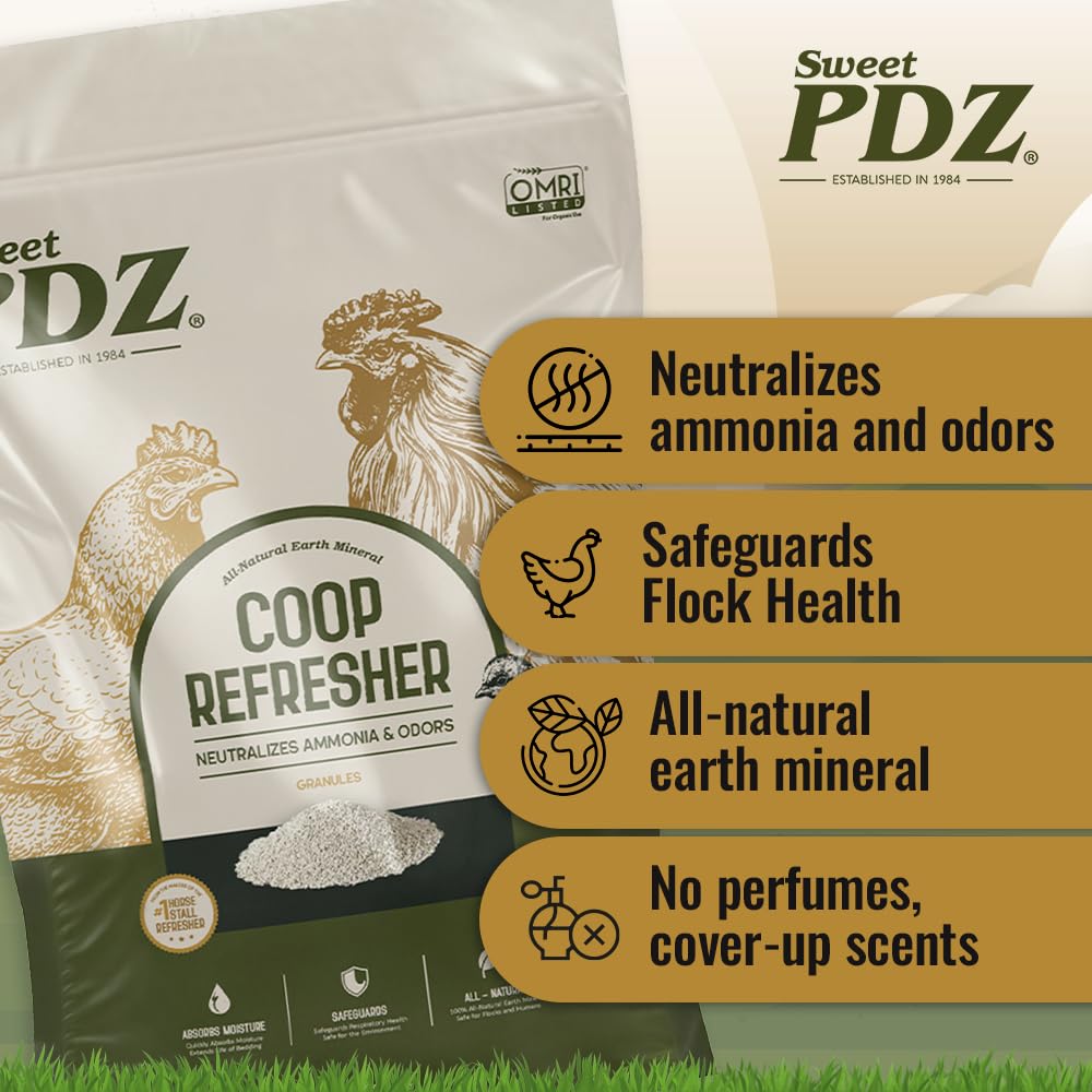 Sweet PDZ Coop Refresher bedding dryness benefits chickens by maintaining cleaner litter