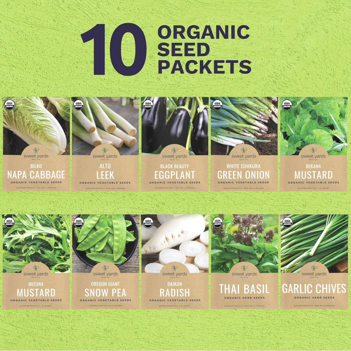 Sweet Yards 10-packet seed list labels highlight convenient variety for starter plots.