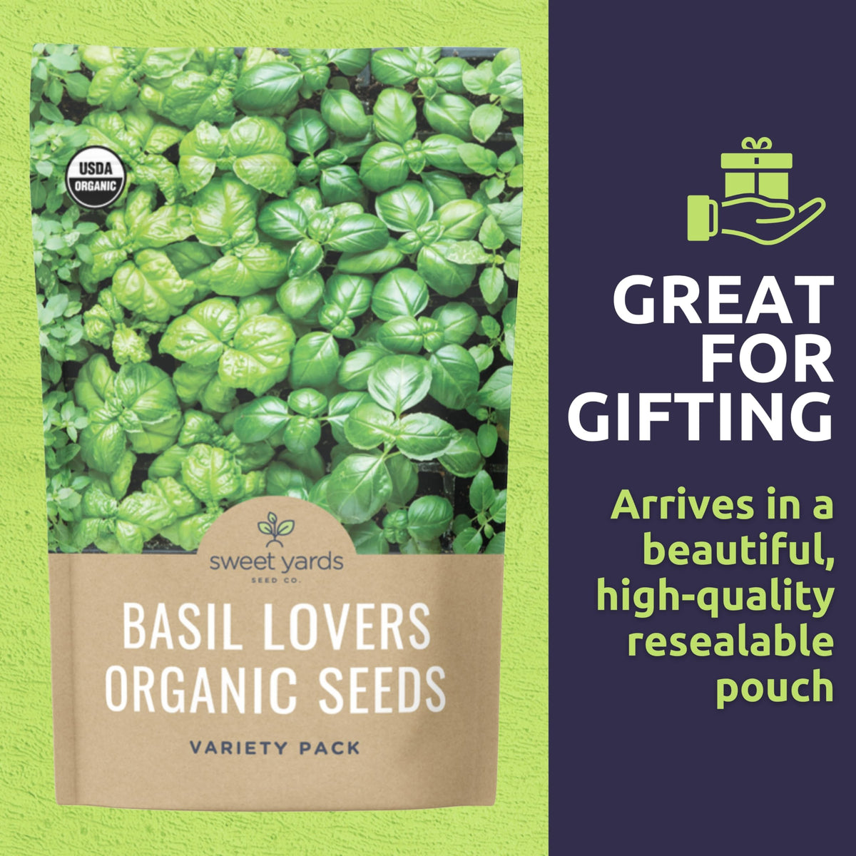 Sweet Yards Cinnamon basil seeds packet for warm, spicy aroma.