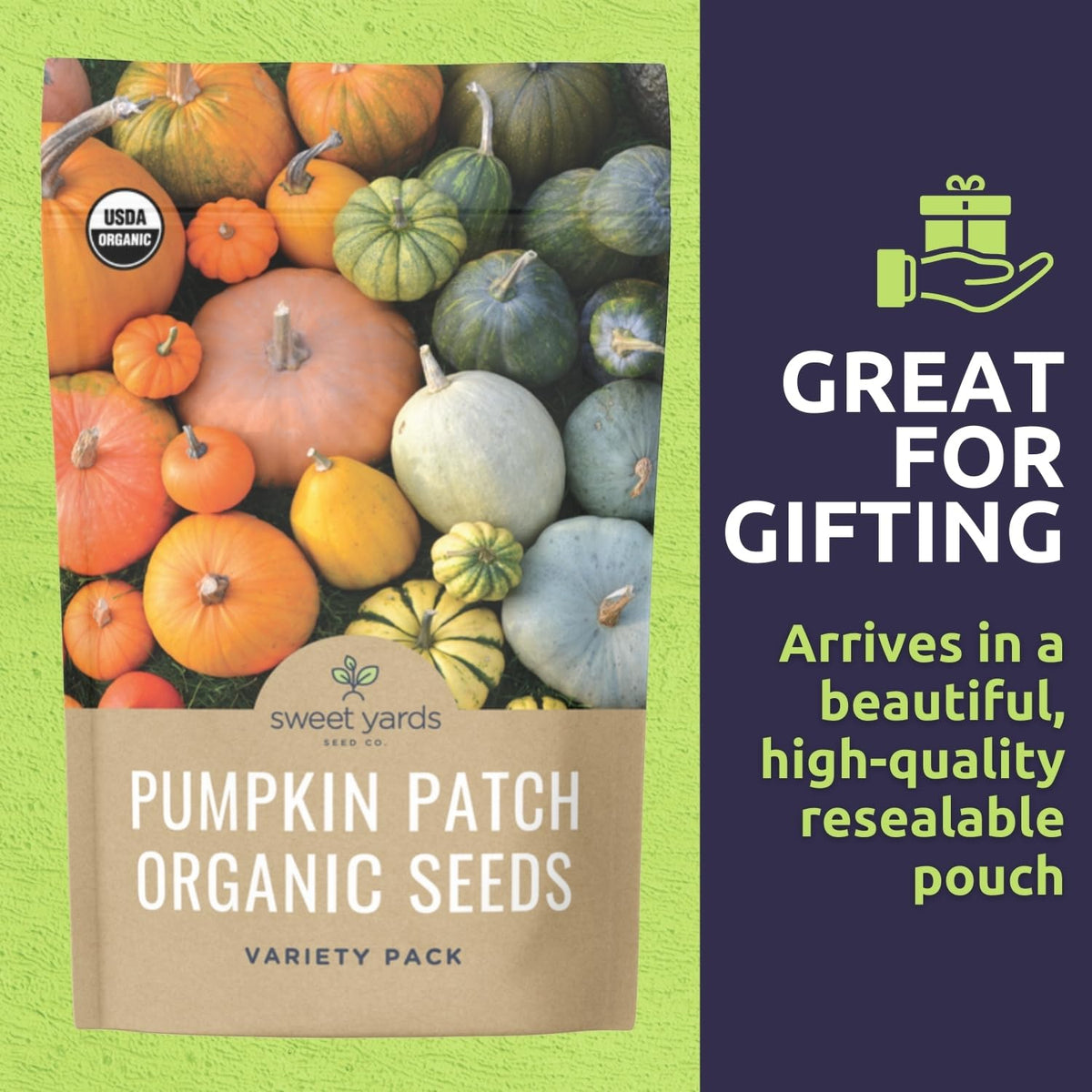 Sweet Yards Big Max pumpkin seed packet for large fruit and showy harvests