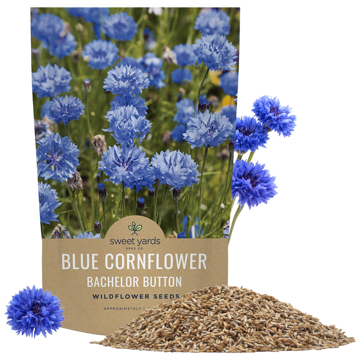 Sweet Yards Blue Cornflower seeds bulk bag ready for quick garden coverage
