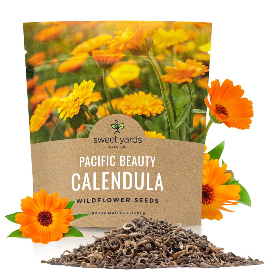 Sweet Yards Calendula Pacific Beauty Mix seed pack ready for spring planting and blooms