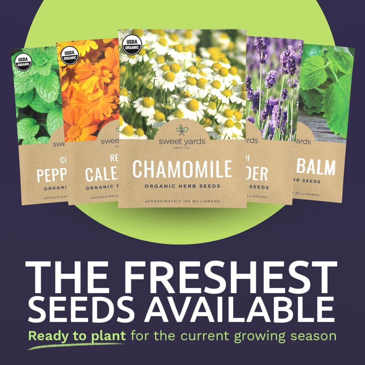 Sweet Yards Chamomile Lavender Packet Closeup shows fragrant herbs for soothing brews.