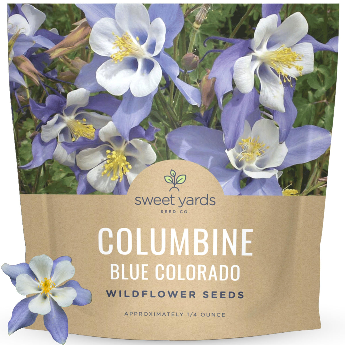 Sweet Yards Columbine blue seed packet visual for a 125 sq ft garden potential