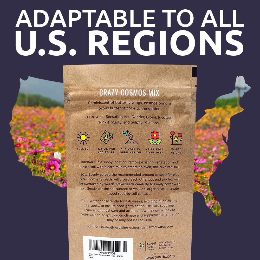 Sweet Yards Cosmos Seeds bulk bag covers up to four hundred square feet.