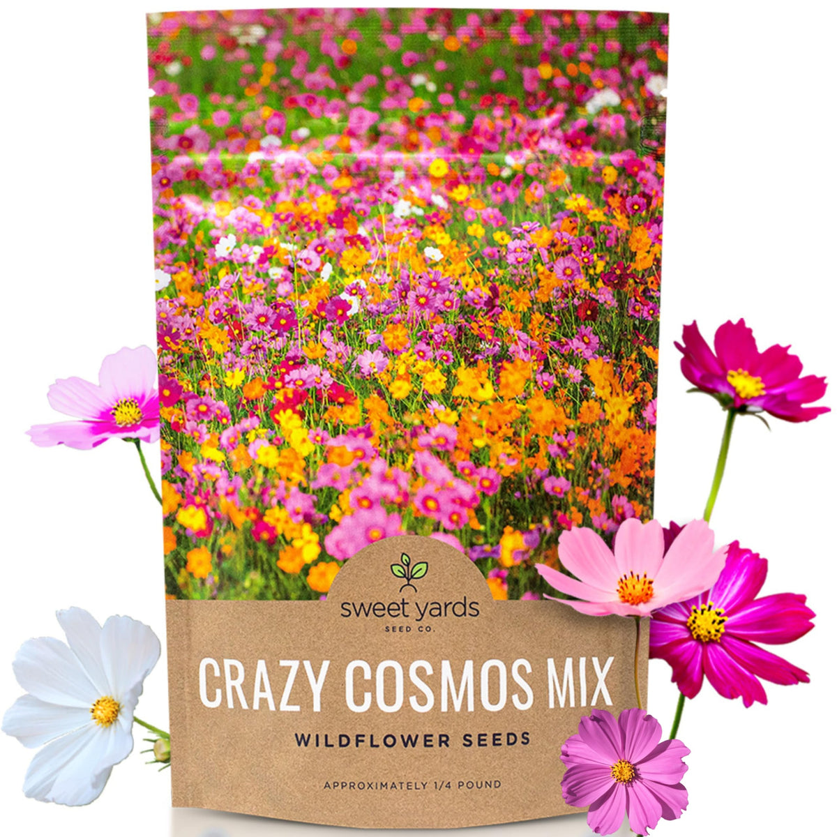 Sweet Yards Cosmos Seeds Wildflower Mixture bulk bag ready for planting and vibrant color.
