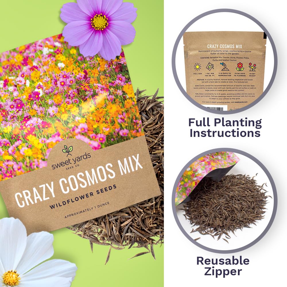 Sweet Yards Cosmos Seeds Wildflower Mixture ready for outdoor planting in gardens