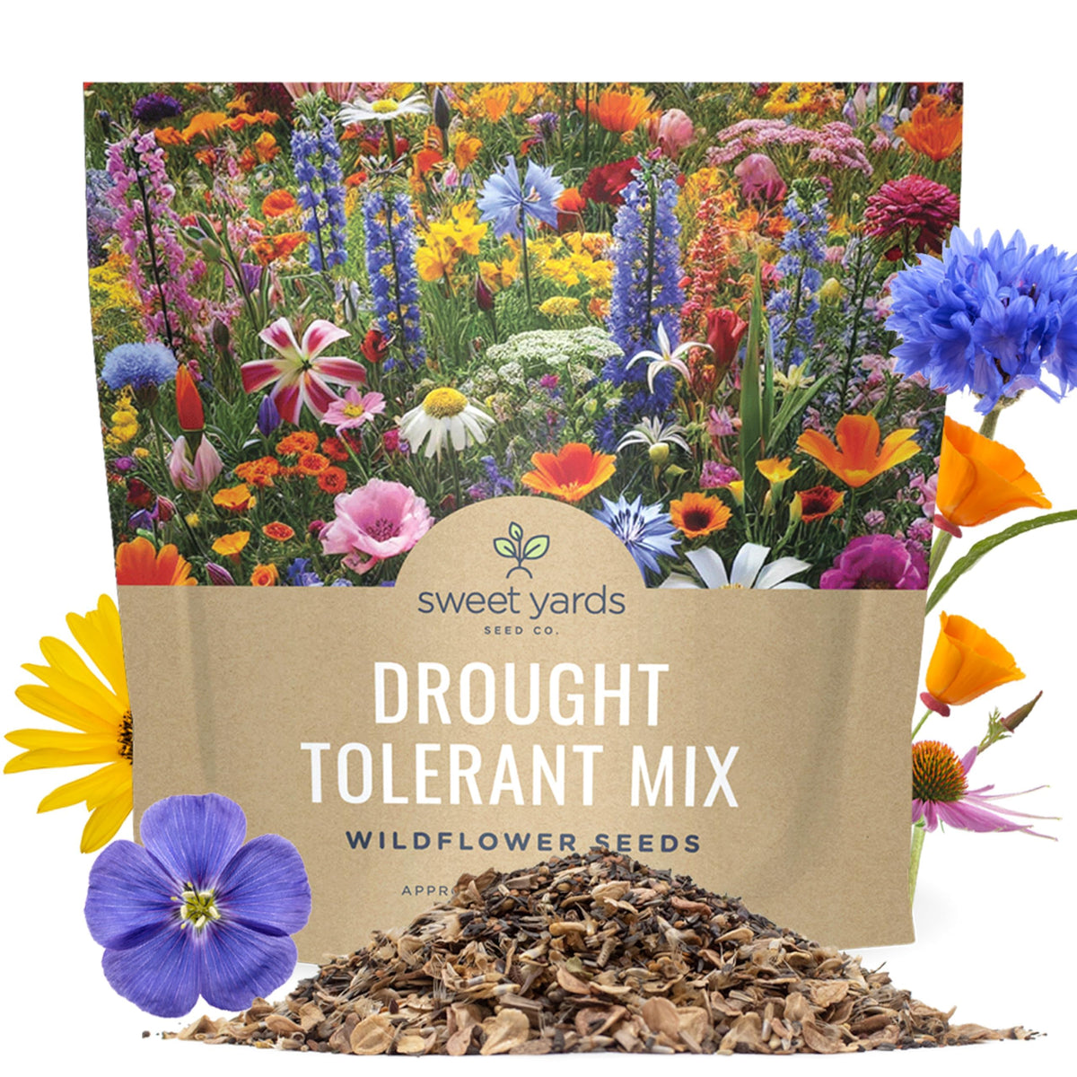 Sweet Yards drought-tolerant wildflowers mix seed pack ready for low-water garden.
