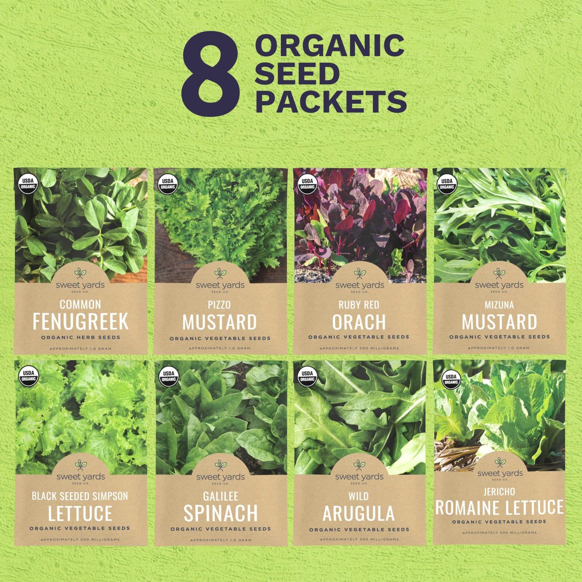 Sweet Yards eight seed packets display, convenient for diverse warm-weather greens.