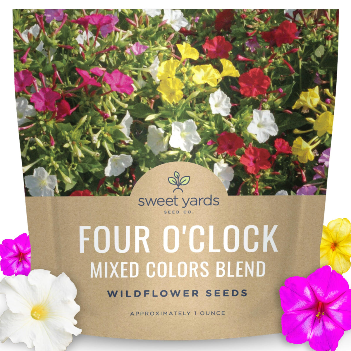 Sweet Yards Four O'Clock mixed colors seed packet ready for garden planting.
