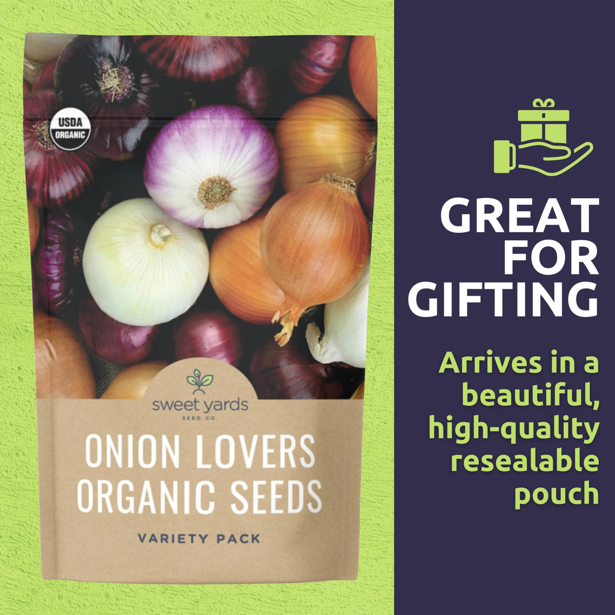 Sweet Yards Gladstone Onion seed packet for robust garden onions