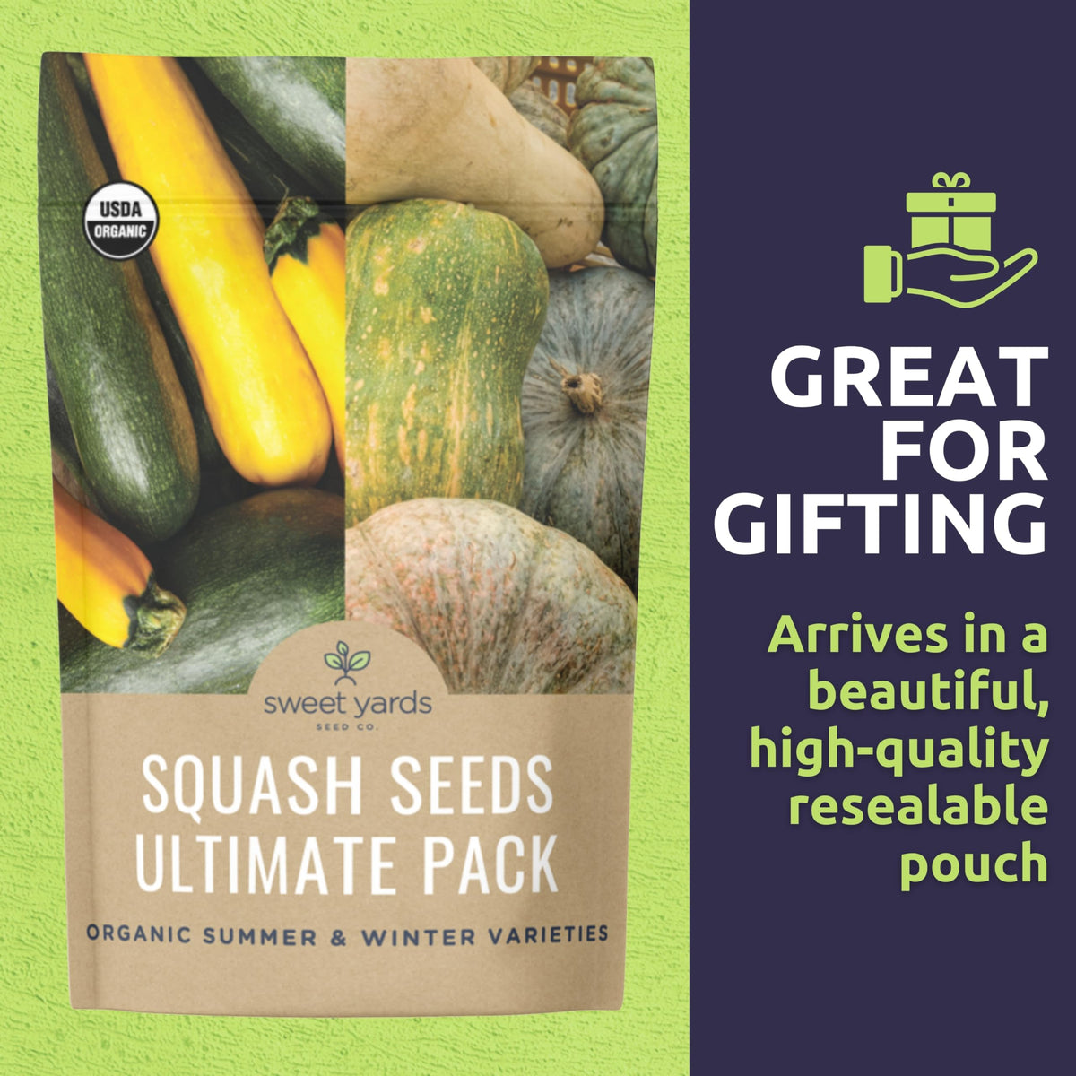 Sweet Yards Golden Zucchini seed packet adds color to garden beds