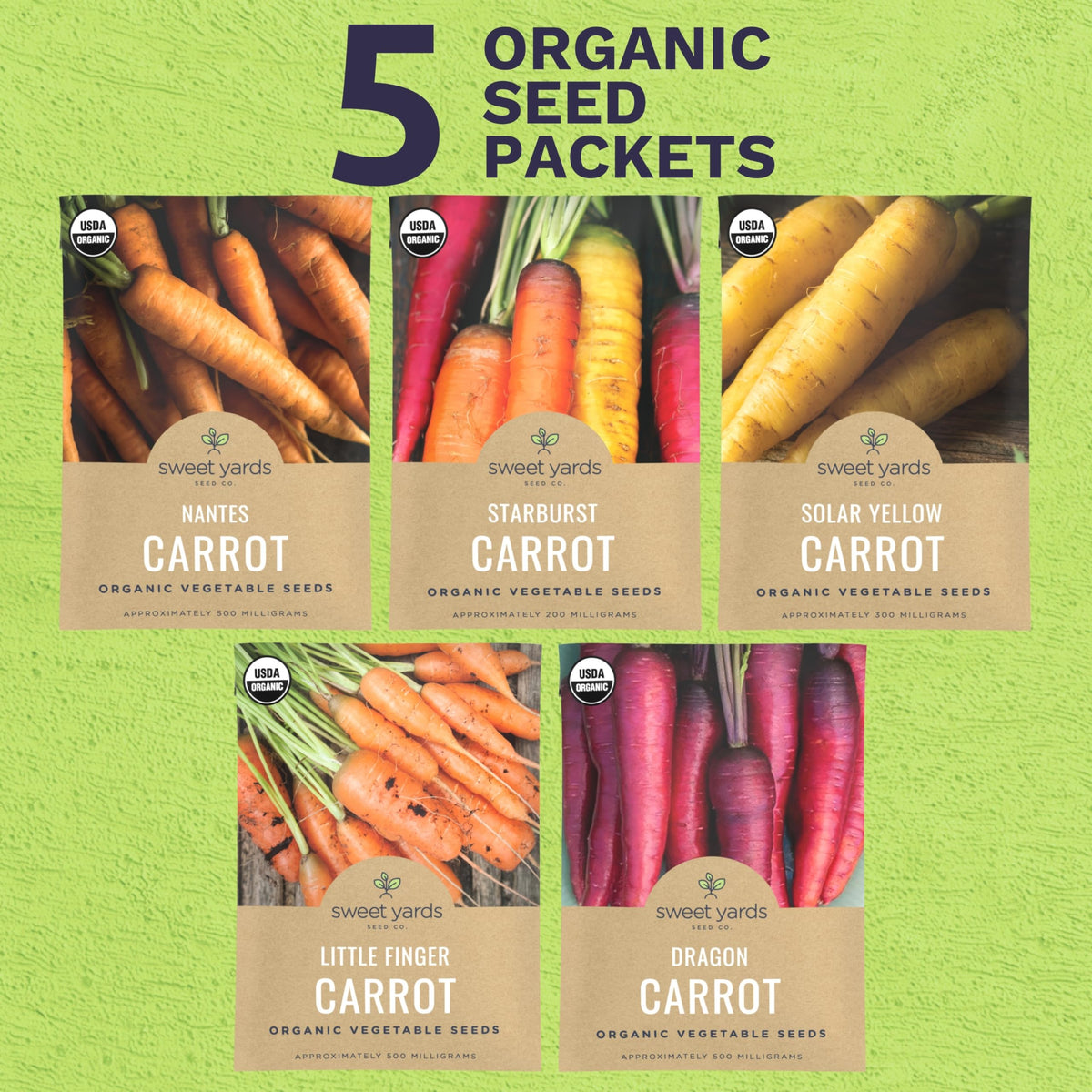 Sweet Yards Little Finger carrot seed packet ideal for snacking and baby-sized harvests.