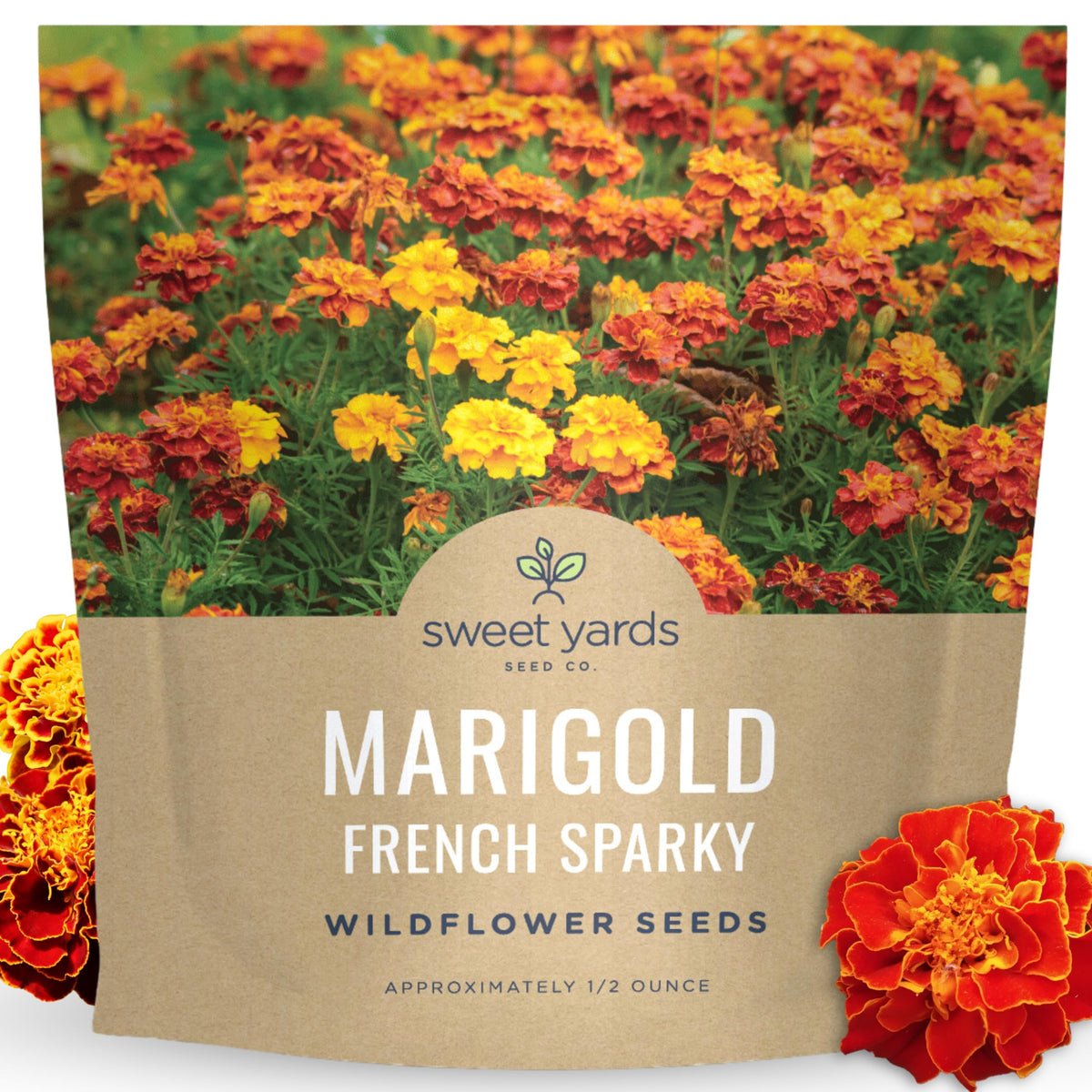 Sweet Yards Marigold French Sparky seed packet with vibrant colors for an easy garden start.