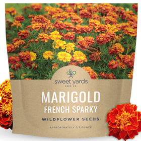 Sweet Yards Marigold French Sparky seed packet with vibrant colors for an easy garden start.
