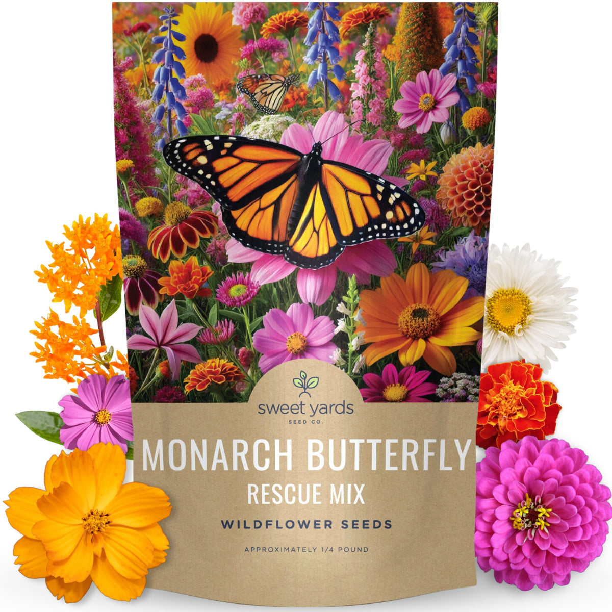 Sweet Yards Monarch Butterfly Rescue Mix seed pouch ready for planting in your garden.