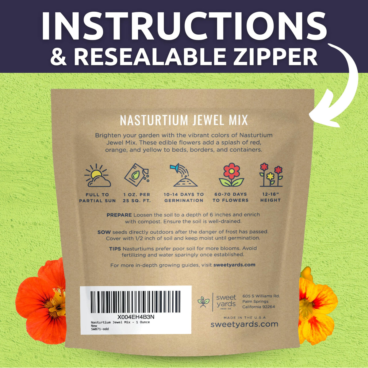 Sweet Yards premium seed packaging with instructions and resealable zipper.