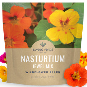 Sweet Yards Nasturtium Jewel Mix seed packet front view for vibrant color in any container.