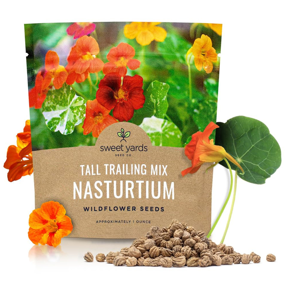 Sweet Yards Nasturtium seeds seed pack ready to plant for color and edible blooms.