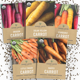 Sweet Yards organic carrot seed pack offers five colorful varieties for vibrant home gardens.