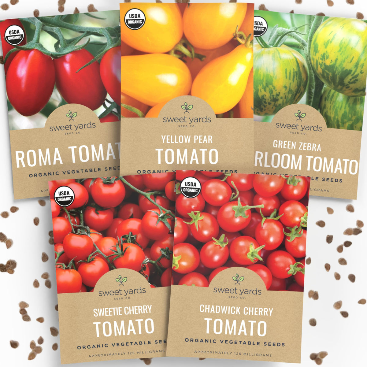 Sweet Yards five seed packets display cherry tomato varieties for a colorful, easy garden harvest.