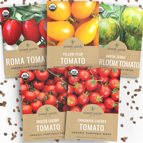 Sweet Yards five seed packets display cherry tomato varieties for a colorful, easy garden harvest.