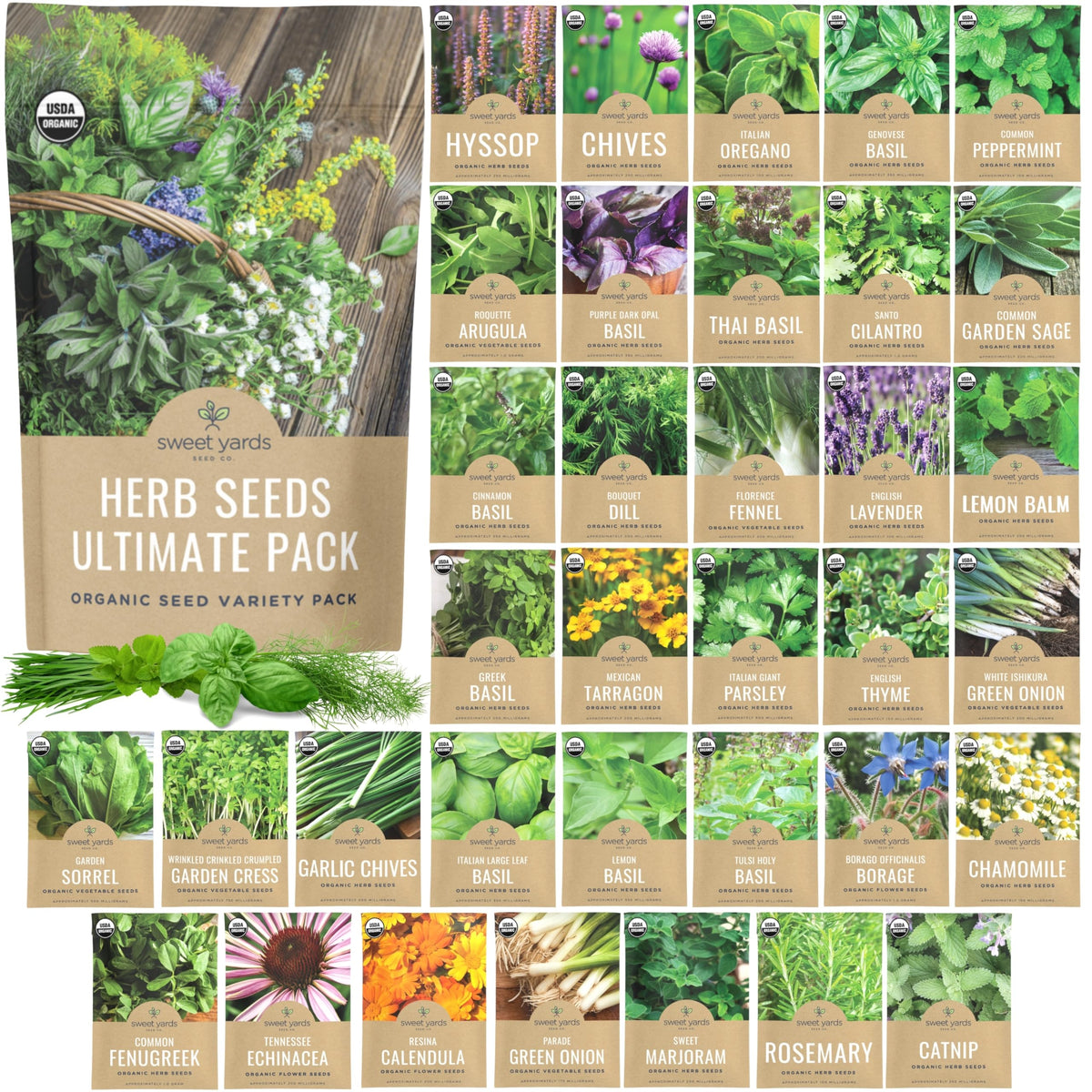 Sweet Yards Organic Herb Seeds Variety Pack with 35 packets for easy home gardening