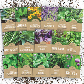 Sweet Yards Organic Herb Seeds 16-pack display ideal for planning a diverse kitchen garden.