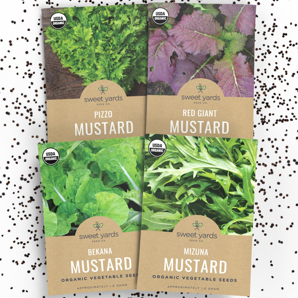 Sweet Yards Organic Mustard Greens Variety Pack front packaging ideal for home gardeners