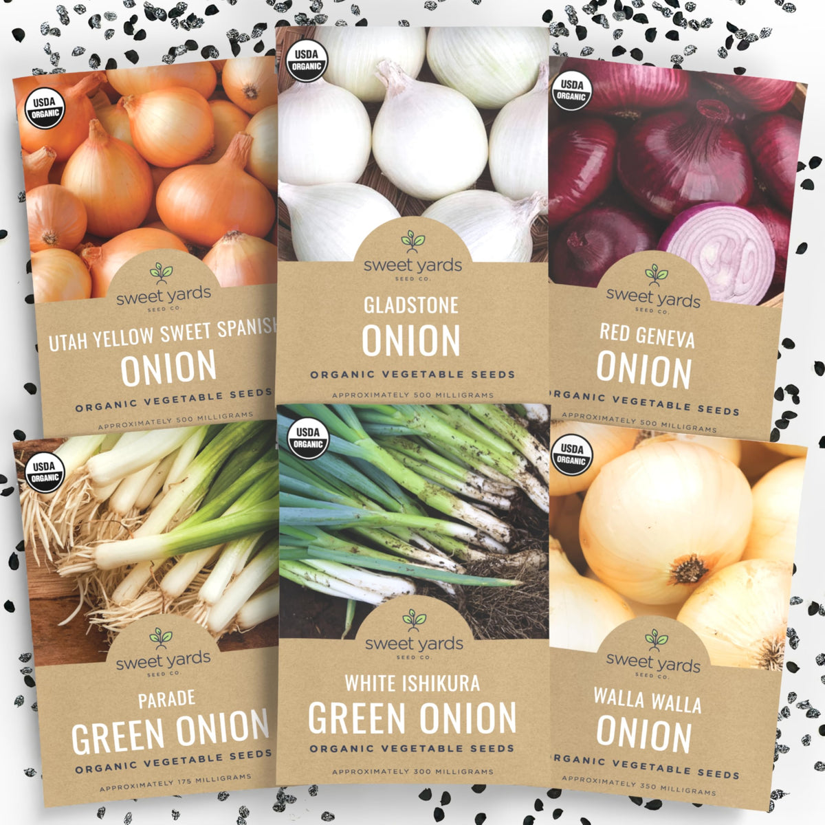 Sweet Yards Organic Onion Seeds Variety Pack packaging for a diverse kitchen garden