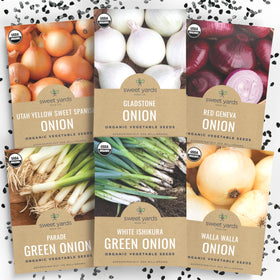 Sweet Yards Organic Onion Seeds Variety Pack packaging for a diverse kitchen garden