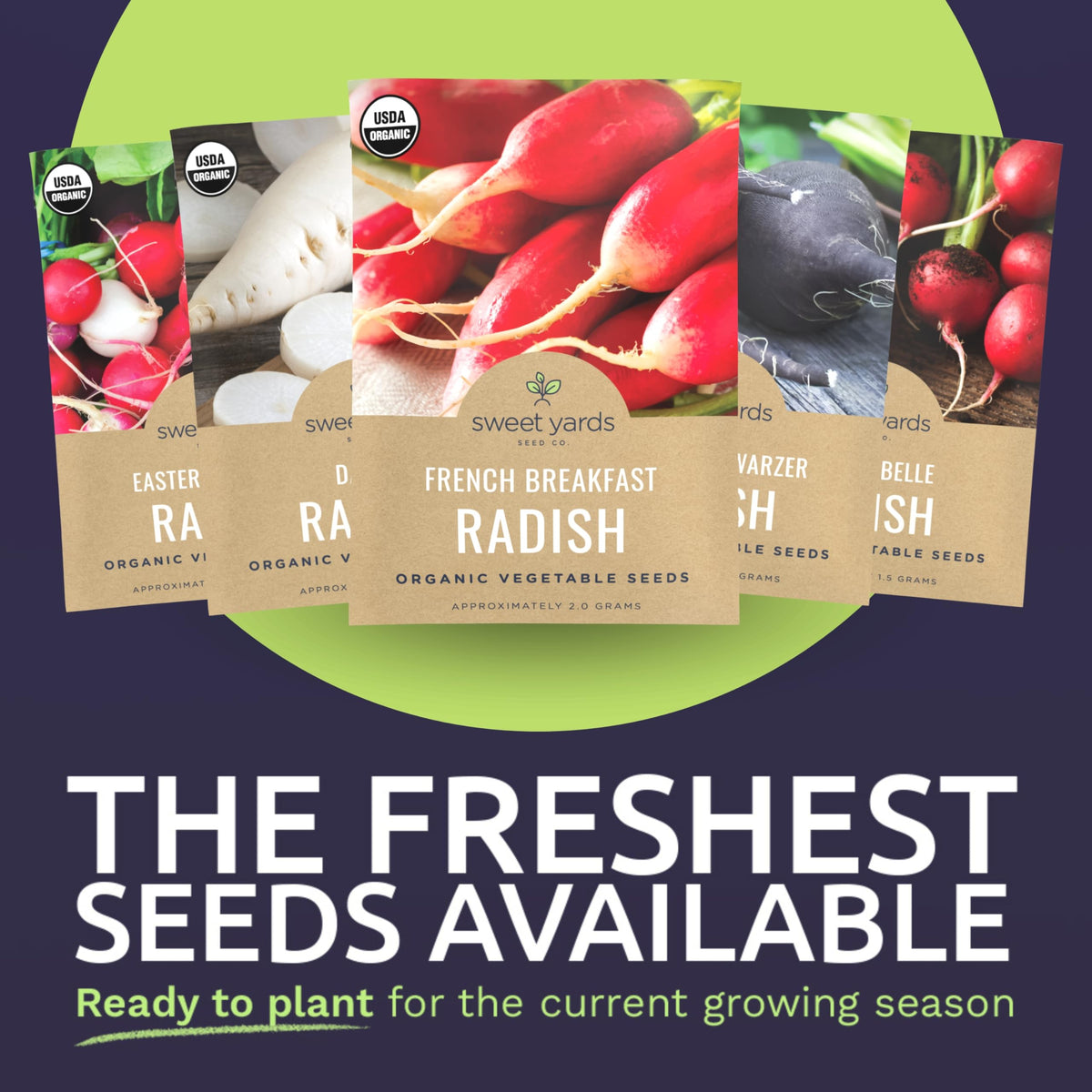Sweet Yards Easter Egg Blend radish seeds pack with colorful harvests