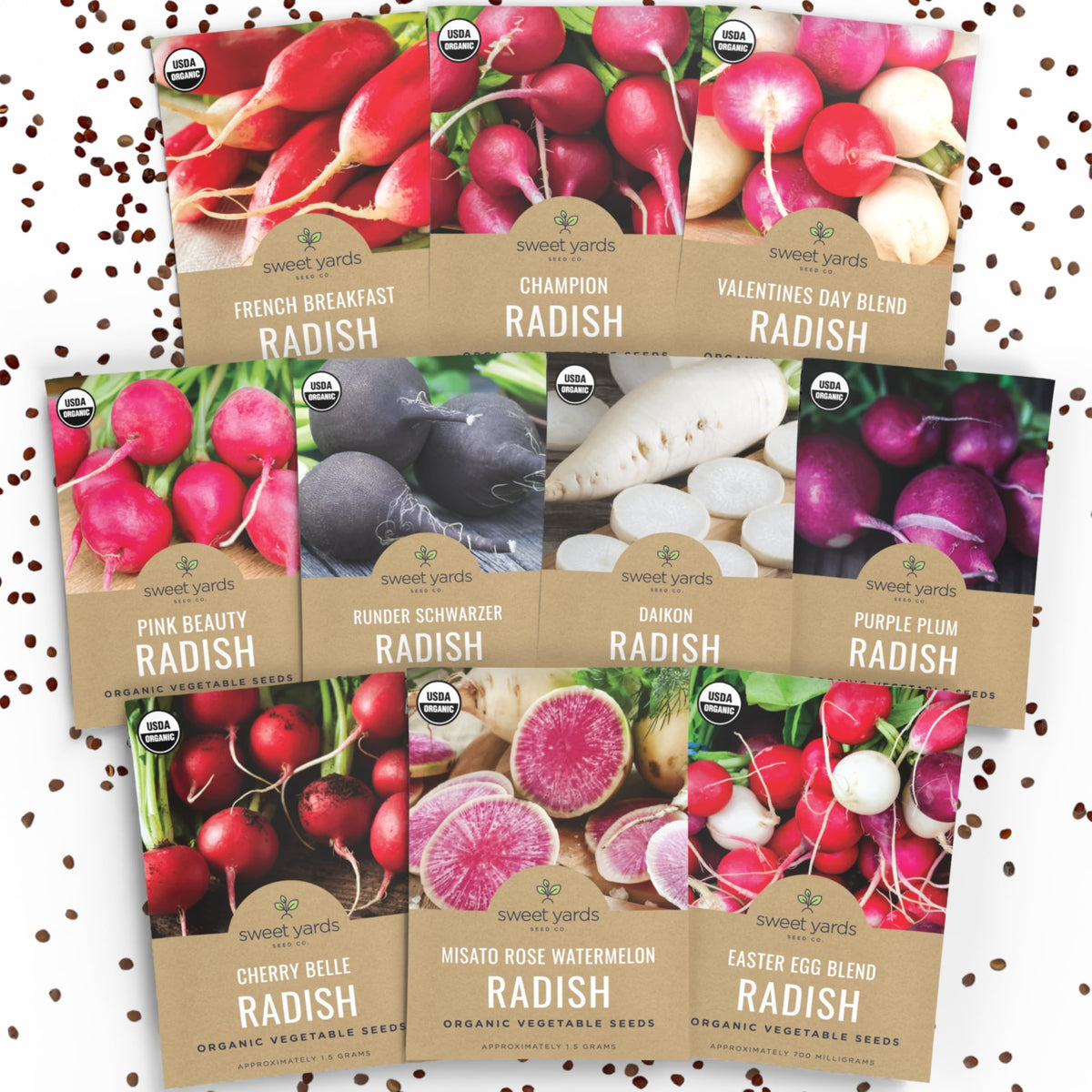 Sweet Yards Organic Radish Seeds Variety Pack packaging with planting guide.