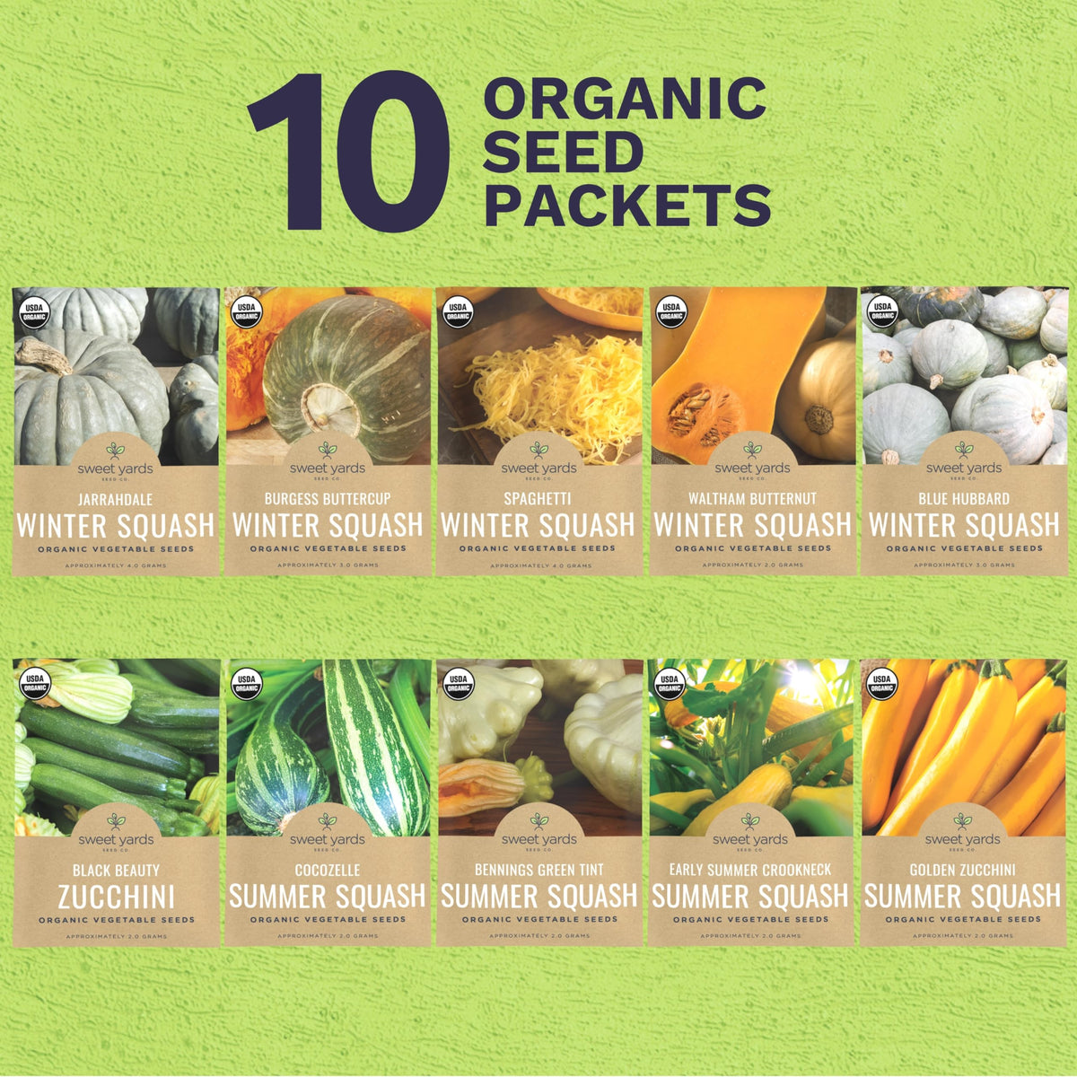 Sweet Yards seed packets collection showing diverse squash varieties