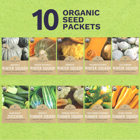 Sweet Yards seed packets collection showing diverse squash varieties
