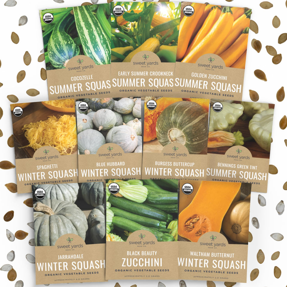 Sweet Yards Organic Squash Seeds Variety Pack front view for indoor and outdoor planting
