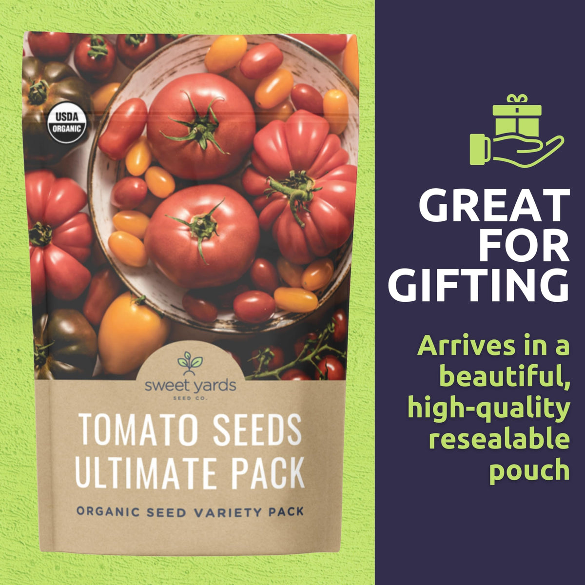 Sweet Yards Organic Tomato seeds for indoor or outdoor garden setup