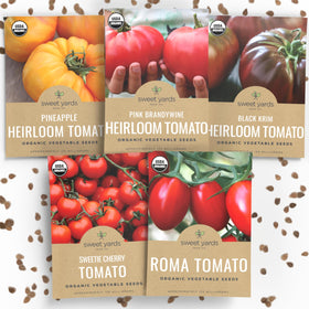 Sweet Yards Roma tomato seeds pack front view for versatile home garden planting.
