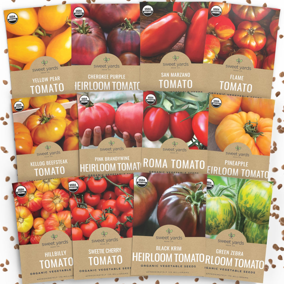 Sweet Yards Organic Tomato Seeds Variety Pack image showing 12 packets for a colorful harvest
