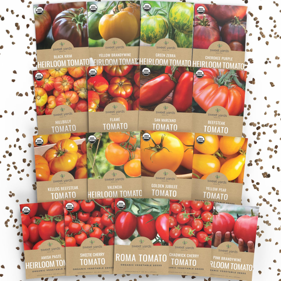 Sweet Yards Organic Tomato Ultimate Pack front view with vibrant seed packets