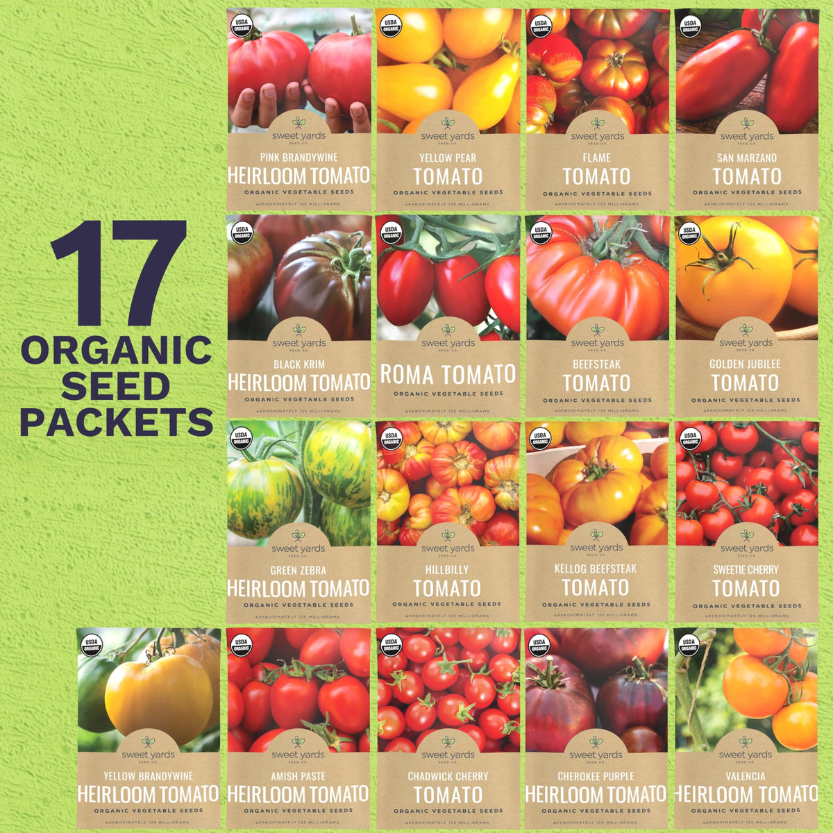 Sweet Yards Organic Tomato Ultimate Pack varieties card showing diverse options